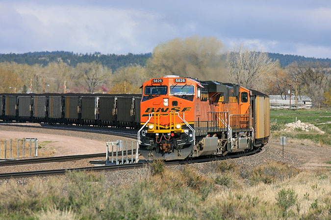 A BNSF train rolls by maintained vegetation. A BNSF train rolls by maintained vegetation.
